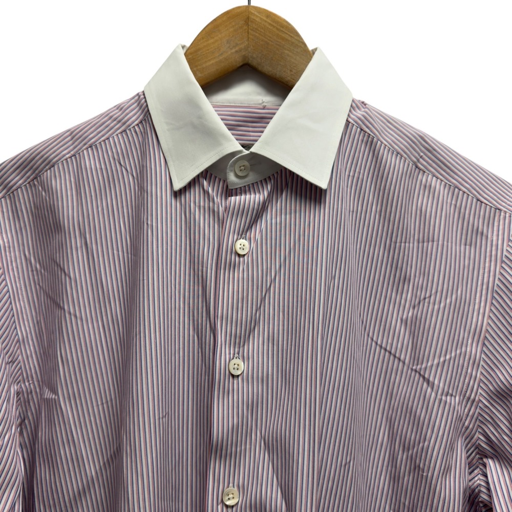 Canali Mens 15.5/39 Red/White/Blue Striped Dress Shirt Contrast Collar Italy euc